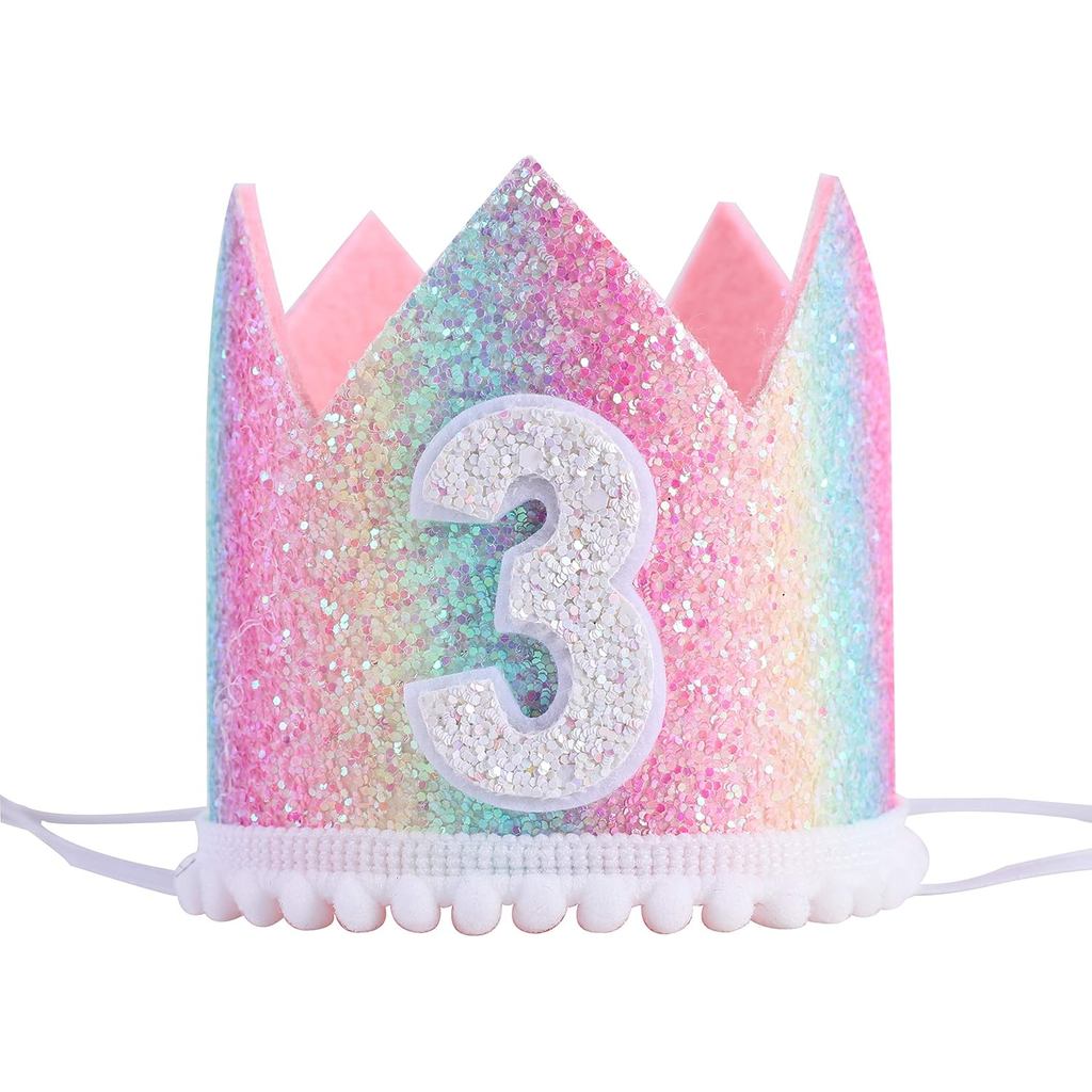 Baby 3rd Birthday Rainbow Crown - Pastel Photo Props, Mini Party Decorations (3 Rainbow Hat)