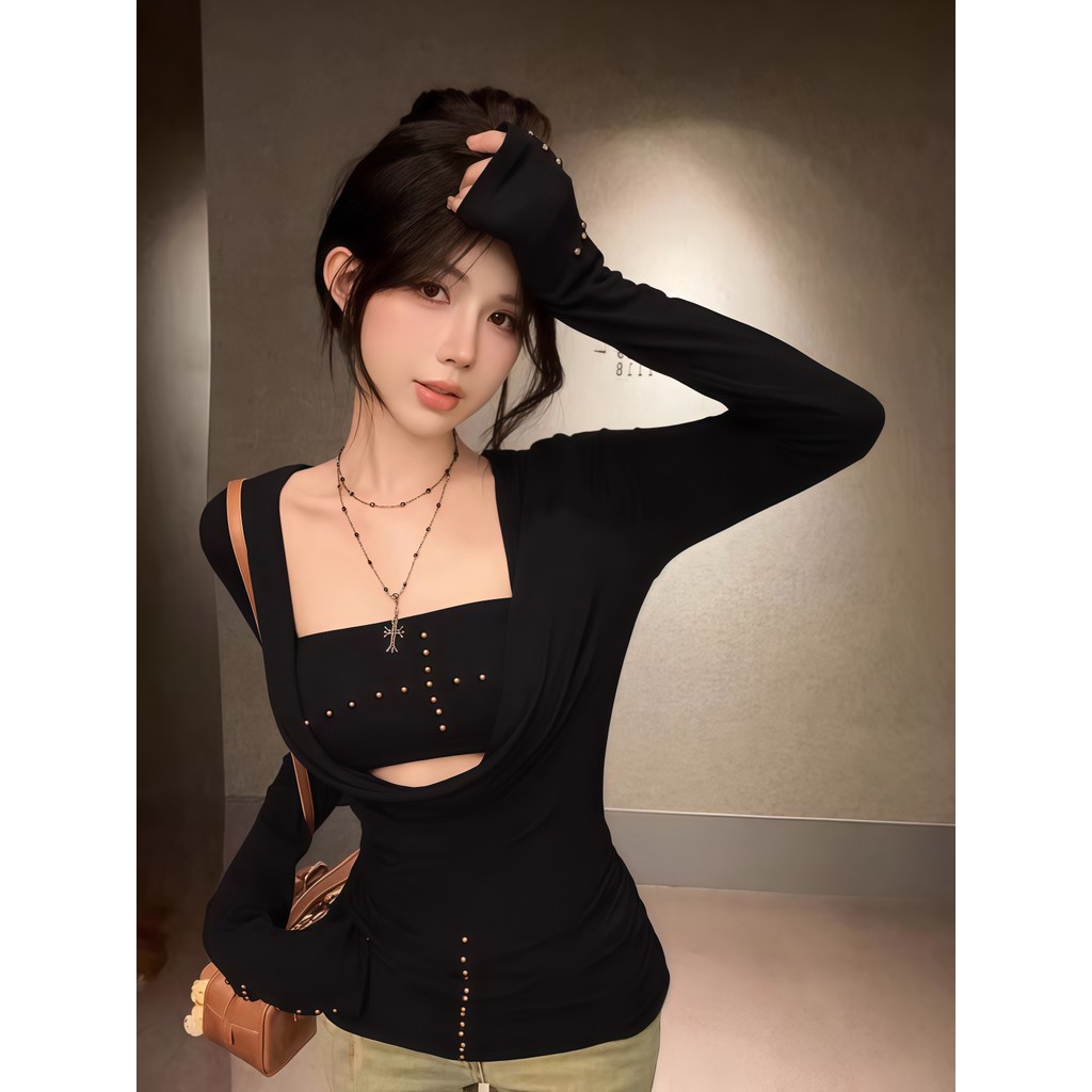 SultrySia เสอแขนยาว+เกาะอก เข้ารูป ผ้านุ่ม สีดำ สีน้ำตาล เรียบง่าย - รูปที่ 2