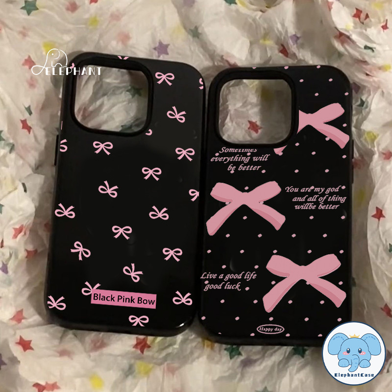 สำหรับ IPhone 17 AIR 15 13 16 11 12 14 Pro Max XR XS X Max 16 15 14 7 8 Plus เคสวินเทจลายจุดน่ารัก โบว์สีชมพูดำ ผิวมัน