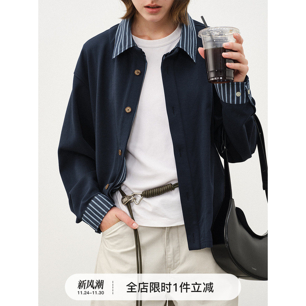 เสื้อเชิ้ตแขนยาวลายทาง Unisex แบบเรียบง่ายจาก 714street สำหรับฤดูใบไม้ร่วง