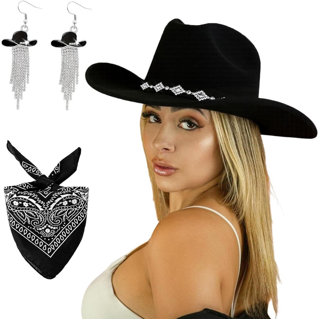 Western Cowgirl Hat for Women Men, Fedora Wide Brim Rhinestone Cowboy Hat with Bandana and Cowgirl T