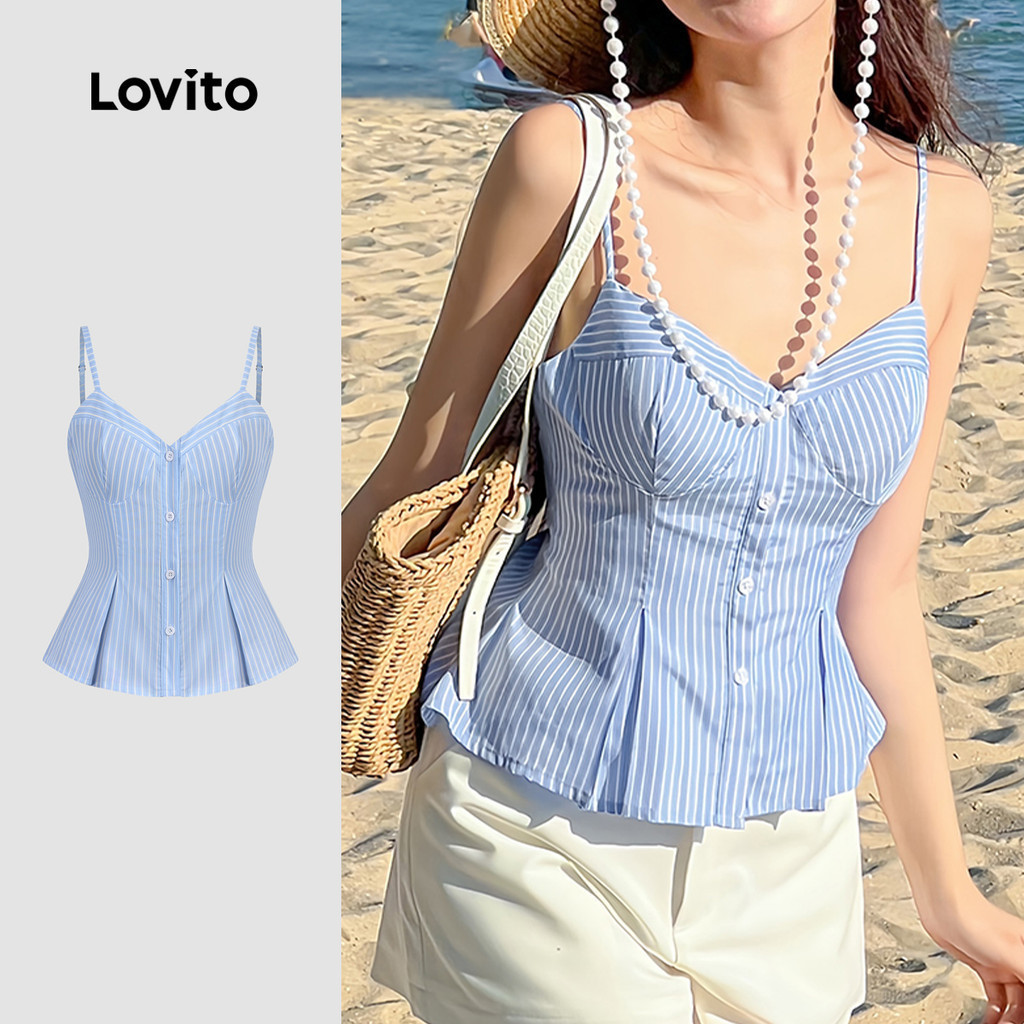 Lovito เสื้อกล้ามสายเปิดคอแบบพับลายเส้น สไตล์ฤดูใบไม้ผลิ/ฤดูร้อน สีน้ำเงิน L144AD031