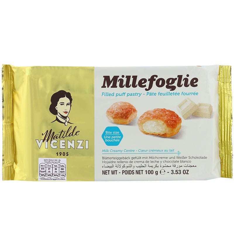 วิเซนซิพัพฟ์กรอบสอดไส้ครีมรสนม 100กรัม Vicenzi Puff Pastry Filled with Milk Cream 100g.