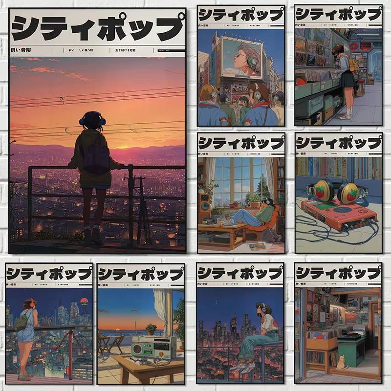 Retro สไตล์ญี่ปุ่น Y2K อะนิเมะ 90s ความงาม Steam Wave โปสเตอร์พิมพ์ผ้าใบภาพวาด Wall Art ภาพห้องนั่งเล่นตกแต่งบ้าน
