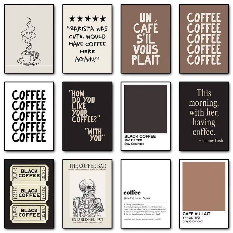 Minimal ถ้วยกาแฟ Line Art Skeleton กาแฟบาร์ผ้าใบพิมพ์โปสเตอร์ Wall Art ภาพสําหรับห้องครัว Cafe Decor กาแฟคนรักของขวัญ