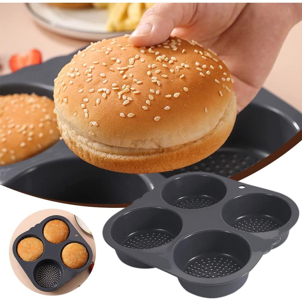 Hamburger Bun Mold Baking Hamburger Bread Pan Non-Stick Silicone Mold Dishwasher Safe 4 Cavities for