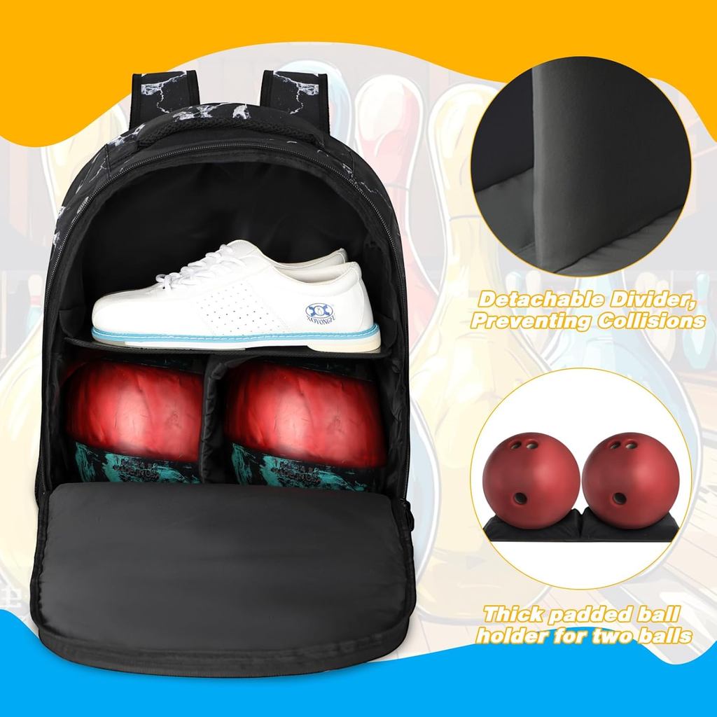 2 Ball Bowling Backpack,Bowling Ball Bag with Shoe Compartment & Portective Foam Padded, Fits Shoes 