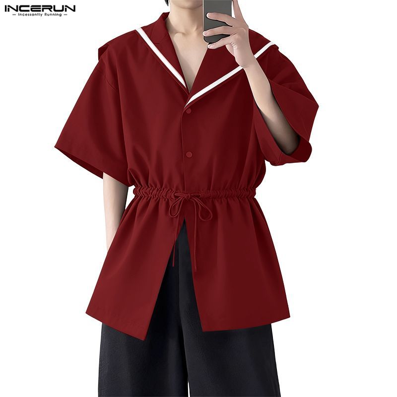 INCERUN เสื้อกองทัพเรือผู้ชาย สไตล์เกาหลี คอปกแขนสั้น ดีไซน์ตัดต่อและเชือกร้อยเอว