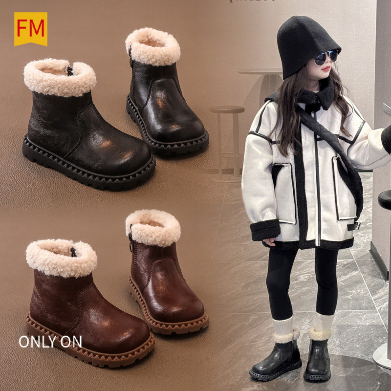 【รองเท้าเด็กผู้หญิง】บู๊ทส์หนังนิ่มสำหรับเด็ก ออบอุ่นดีไซน์เกาหลี ปรับขนาดได้ง่ายด้วยสายดึงข้างรองเท้าเด็กผู้หญิง รองเท้าผ้าใบเด็กผู้หญิง