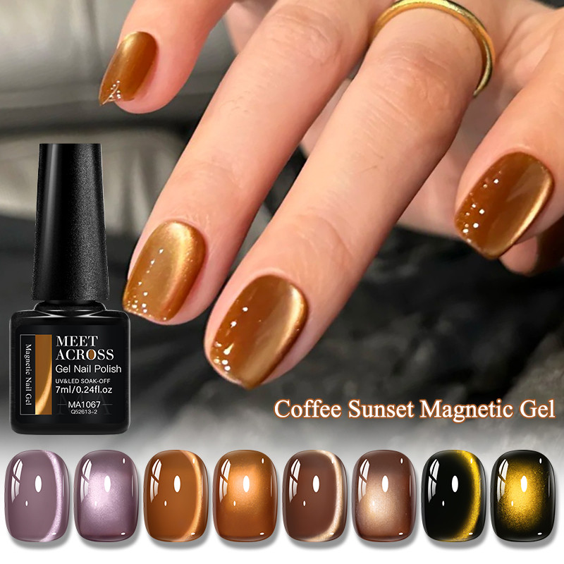 MEET ACROSS Coffee Sunset Magnetic Cat Eye เล็บเจล Glitter เล็บเจลเงาเล็บเจล Long Last Nail Art 7ml