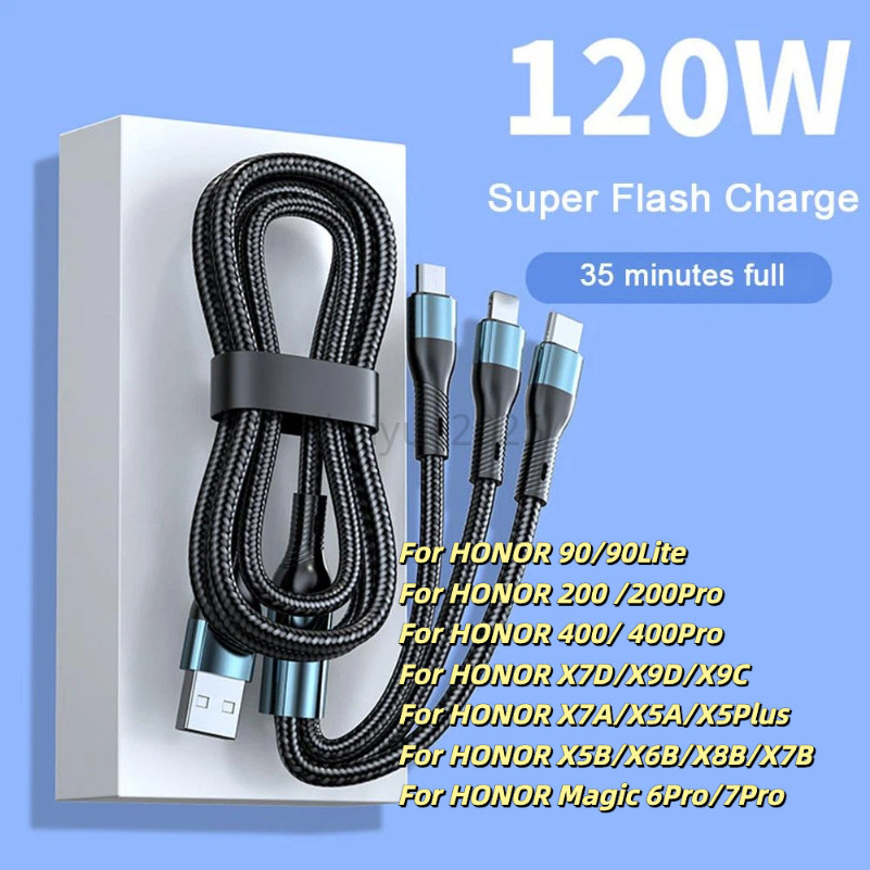 อัพเกรดใหม่สามในหนึ่งถักสายชาร์จข้อมูล, 1.2 ม. เข้ากันได้กับโทรศัพท์มือถือทุกรุ่นสําหรับ HONOR 200 2