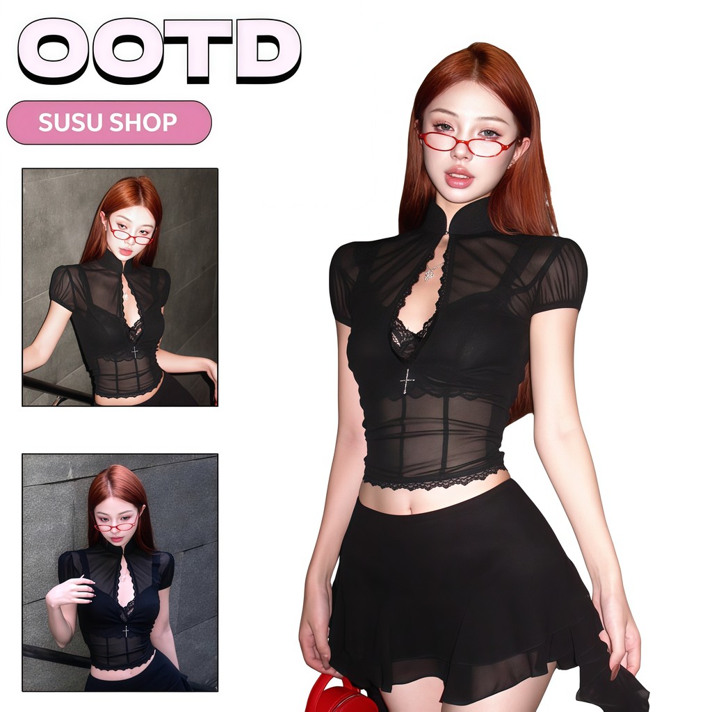 SuSu แฟชั่นลูกไม้ด้านบน เข้ารูป สไตล์เกาหลี ใส่สบาย ผ้าซีทรูบางเบา