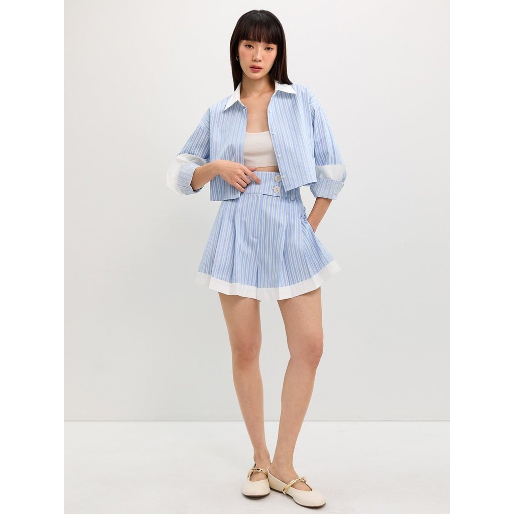 [Pomelo] กางเกงขาสั้นลายทางแต่งพลีท / Pleated Striped Shorts