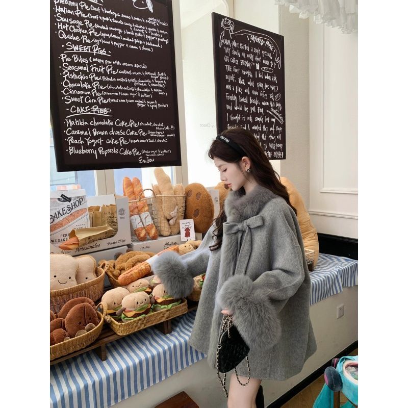 French Style Daughter Gold High-Grade Elegant Woolen Coat Stitching Mao Mao Design Loose Thickened C
