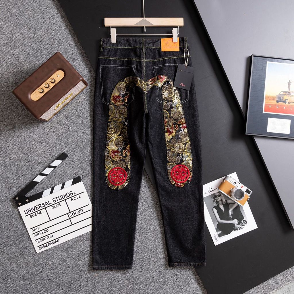 Evisu กางเกงยีนส์หลวมสำหรับผู้ชาย สไตล์แฟชั่น