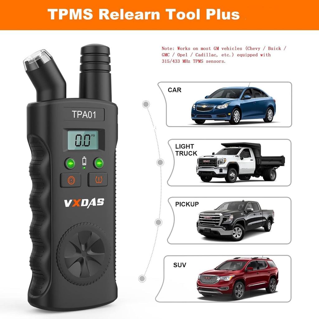 VXDAS TPA01 TPMS Relearn Tool for GM Plus Digital Tire Pressure Gauge 150 PSI Tire Sensor Reset Tool