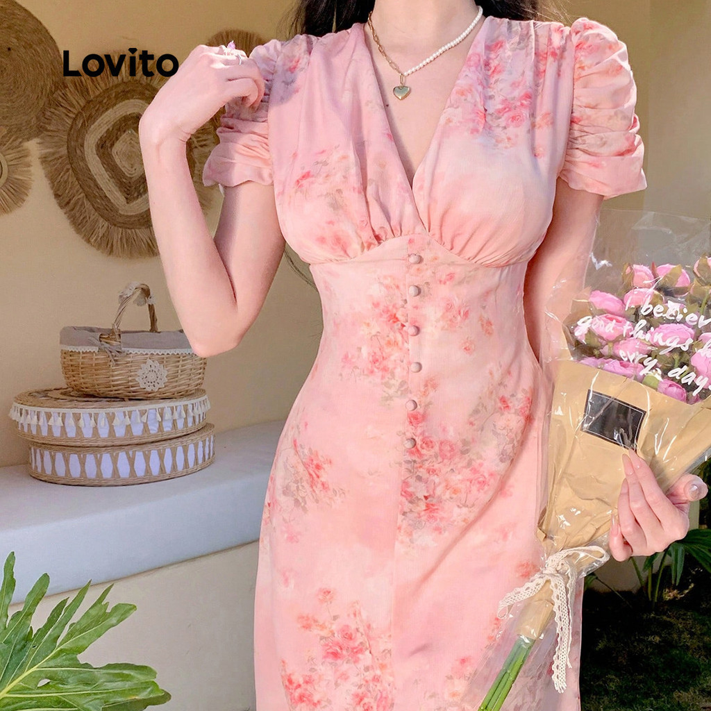 Lovito ชุดลําลองปุ่มซิปด้านหน้าสองชั้นฤดูร้อน/ฤดูใบไม้ผลิชุดเดรสสีชมพูสําหรับผู้หญิง L134LD369