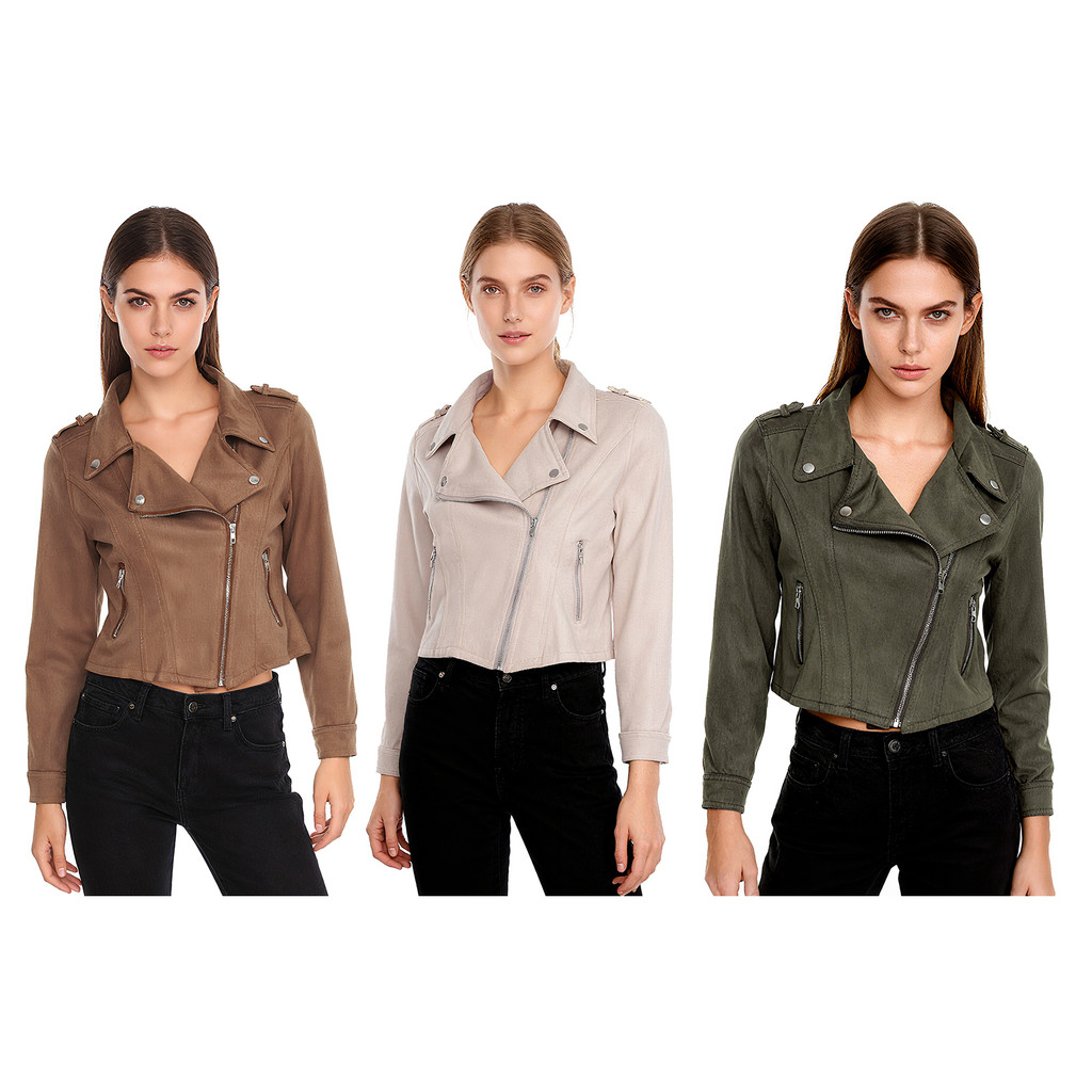 Renvena Womens Stylish Cropped Jackets Lapel Slant Zipper Long Sleeve Motor Biker Coat Outerwear for