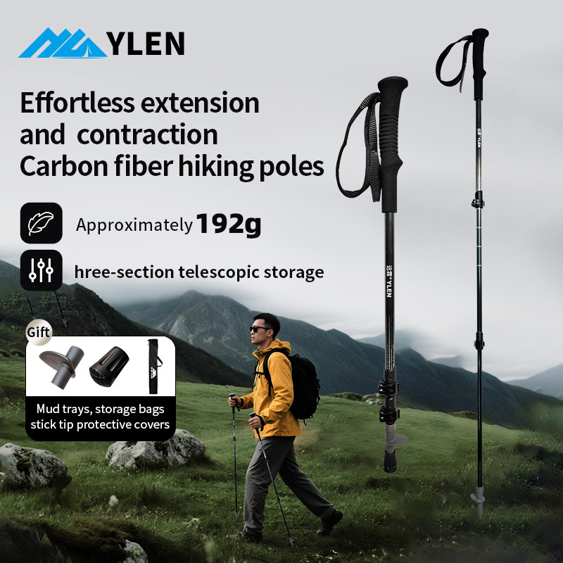 Yuanlin สไตล์ใหม่คาร์บอนไฟเบอร์คาร์บอน Ultra-Light Retractable Trekking Pole Professional กลางแจ้งเด