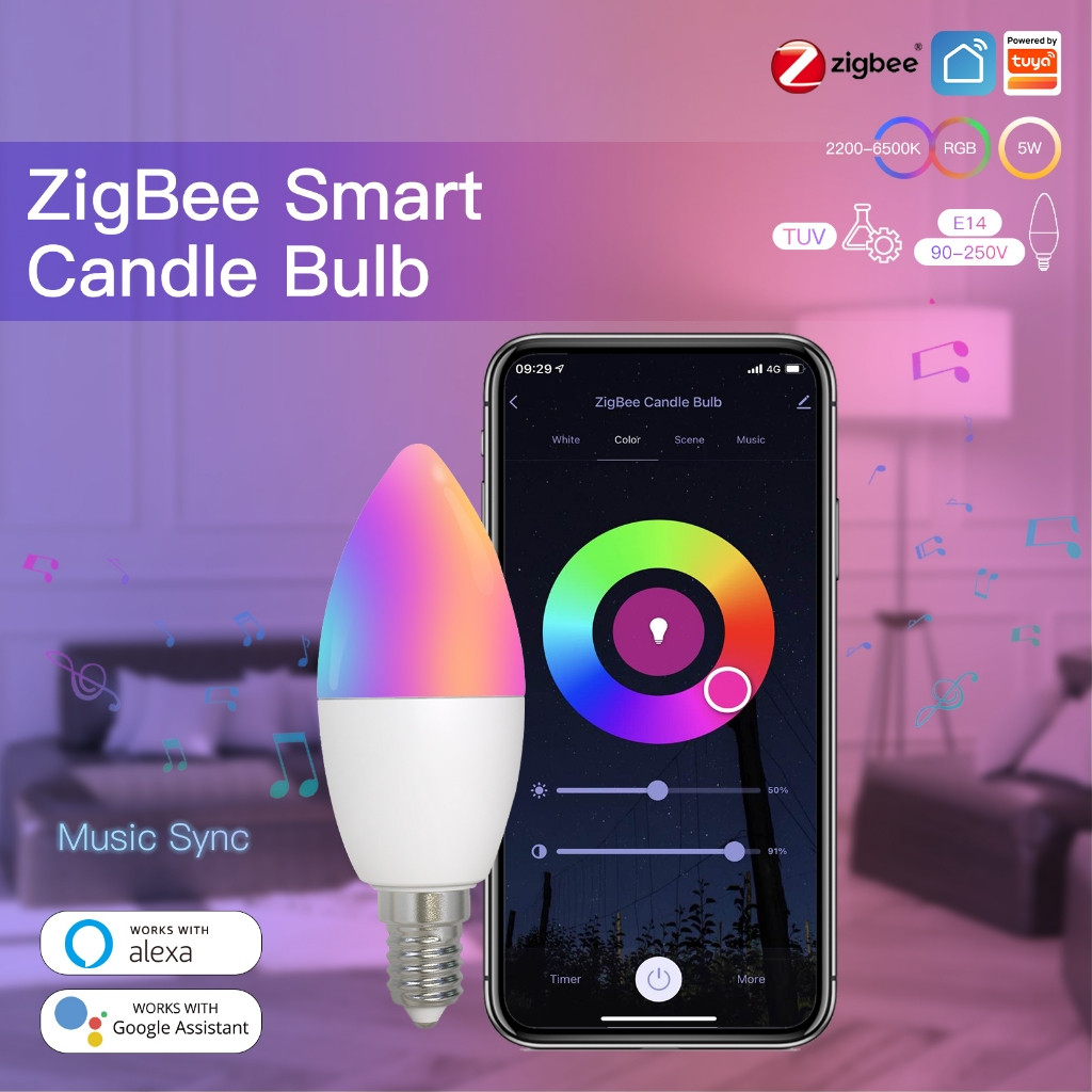 Zigbee หลอดไฟ LED E14 โคมไฟเทียนสมาร์ท 5W RGBCCT 2200-6500K หรี่แสงได้ Tuya Alexa Google Voice Contr