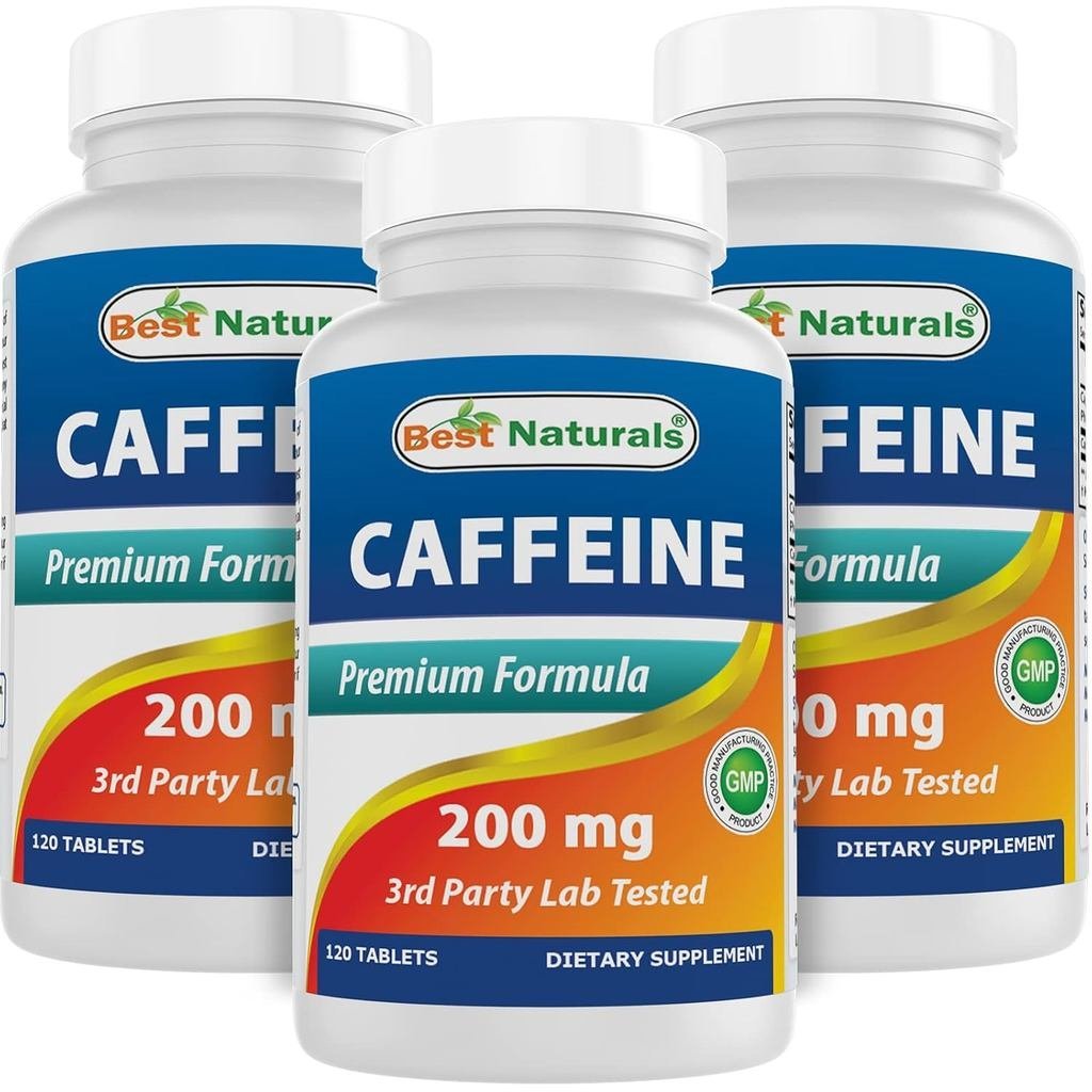 Best Naturals 3 Pack Caffeine Pills 200mg เม็ด - Non Habit - Proven No Crash หรือ Jitters - รวม 360 