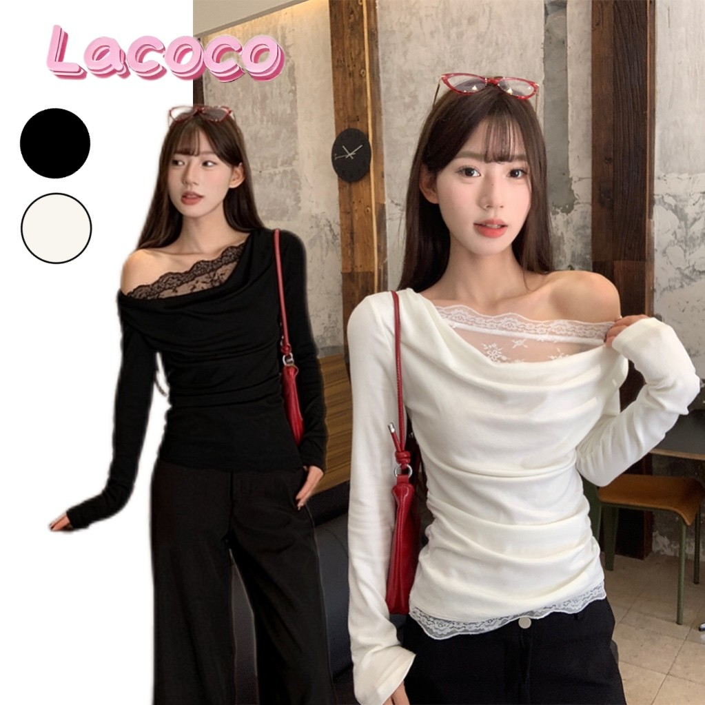 Lacoco คลังสินค้าพร้อม เสื้อยืดคอกลมแขนยาวแต่งระบายลูกไม้สำหรับผู้หญิง เสื้อเปิดไหล่ฤดูใบไม้ร่วงและฤดูหนาว ราคา ถูกที่สุด ดีลบีเคเค รูปภาพหลัก