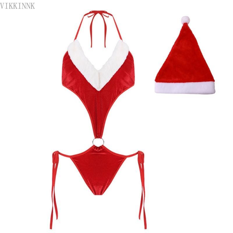 VIKK ชุดชั้นในสตรีคริสต์มาส Santa Teddies ชุดบอดี้สูทกํามะหยี่ Santa เครื่องแต่งกายชุดนอน