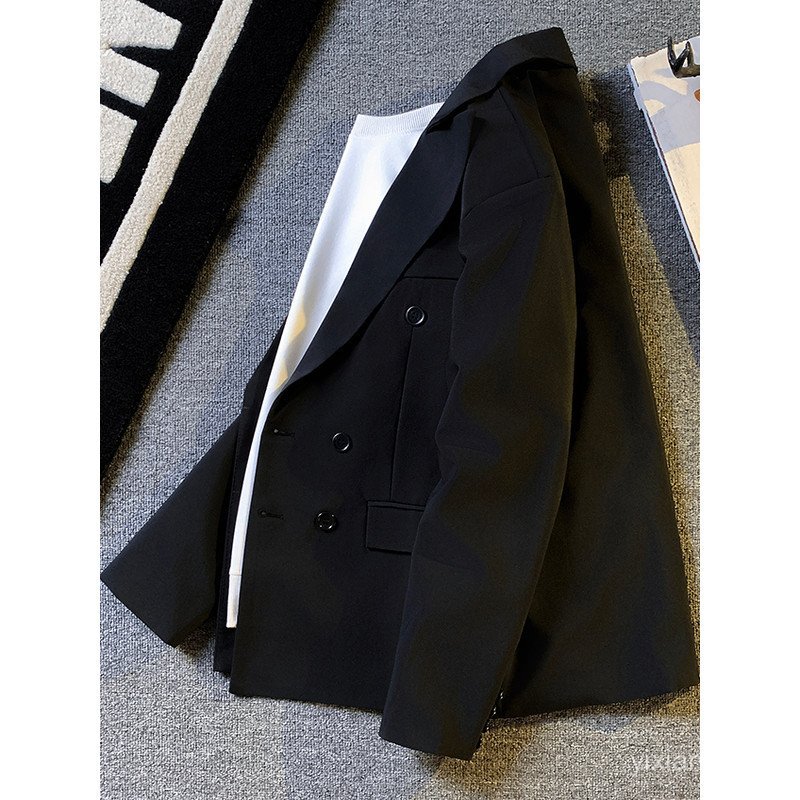 สีดํา Double-Breasted ชาย Niche High-End หลวม All-Match Street สวมใส่หล่อสบายๆเสื้อสูทเดี่ยว AFJ2