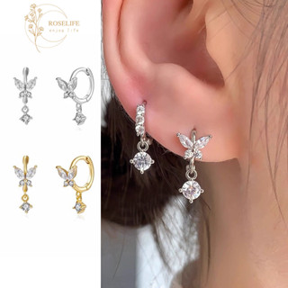 ต่างหูวงแหวนเงินแท้ S925 ลายผีเสื้อด้วยคริส탈 เหมาะสำหรับของข…