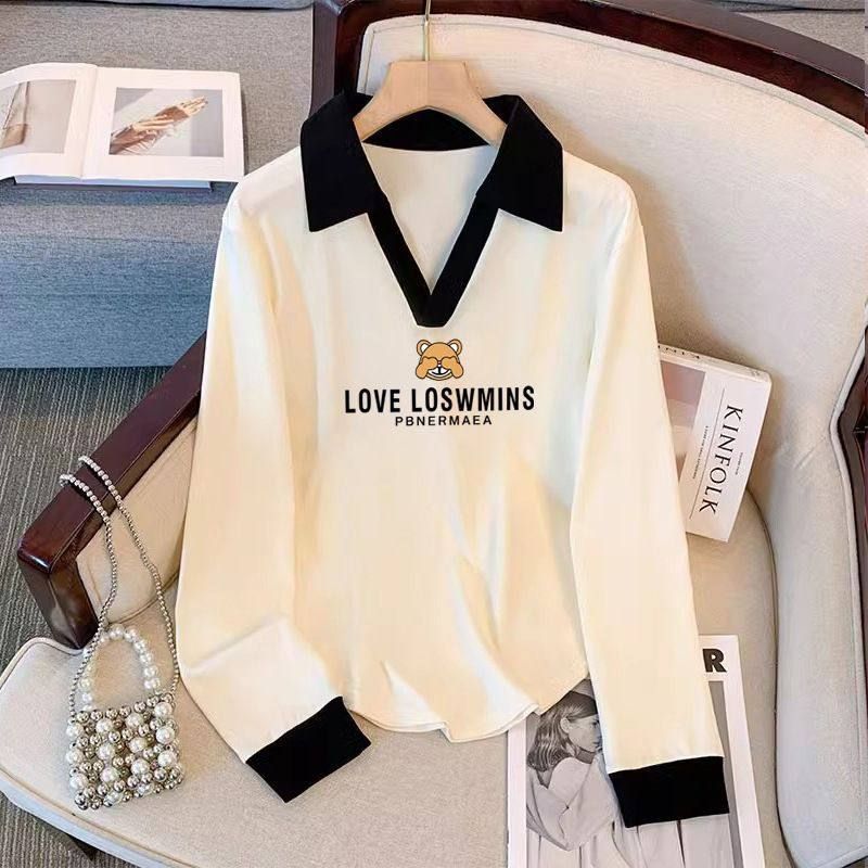 แขนยาว เสื้อไหมพรม เสื้อยืดคอปก MmV สำหรับคนอ้วนไซส์ใหญ่แบบใหม่ฤดูใบไม้ร่วงเสื้อผู้หญิงดีไซน์ทรงหลวม