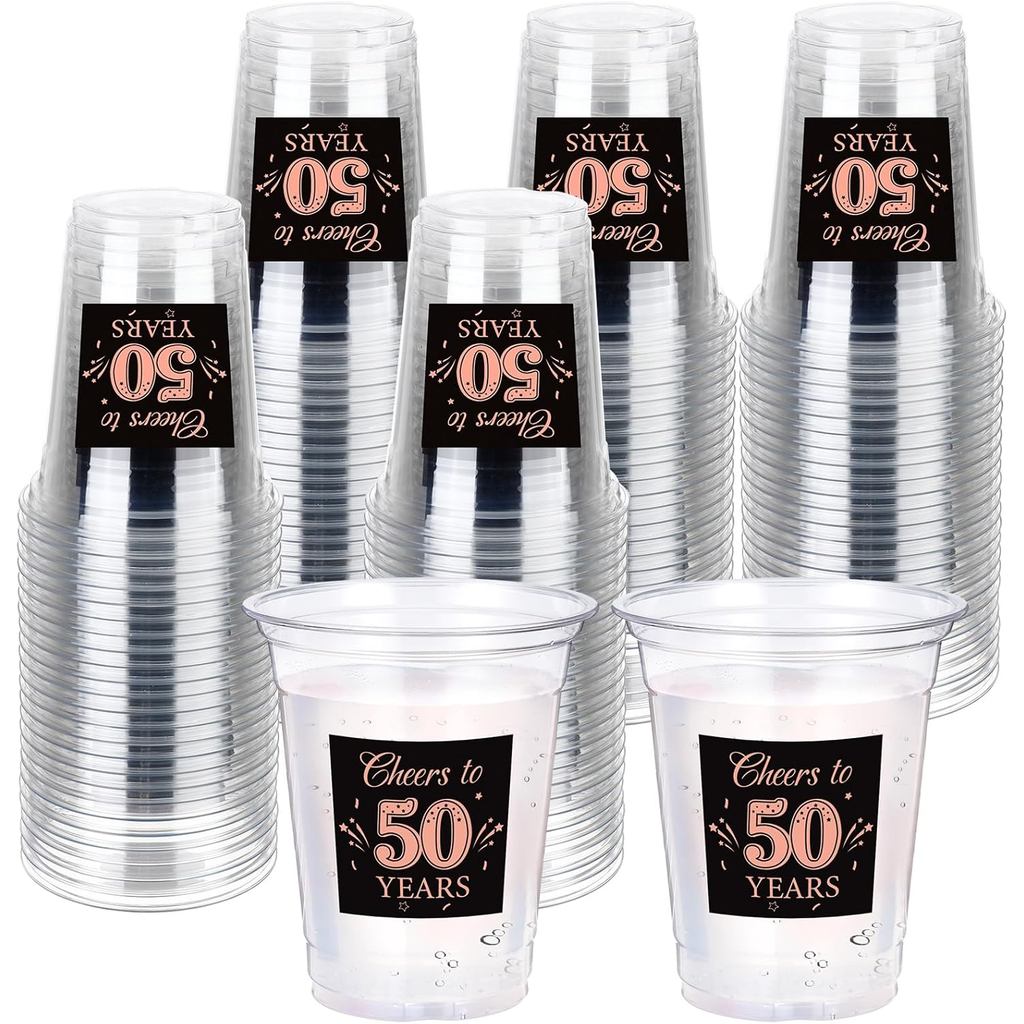 Amyhill 60 Pack 50th Birthday Plastic Cup Bulk 12 oz Rose Gold Disposable Clear Birthday Party Cups 
