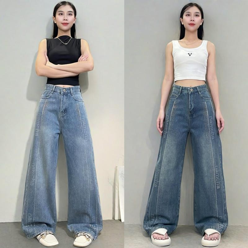 NAMCHA กางเกงยีนส์กระบอกกลางเอวสูง ติดเพชรNAMCHA 370 371