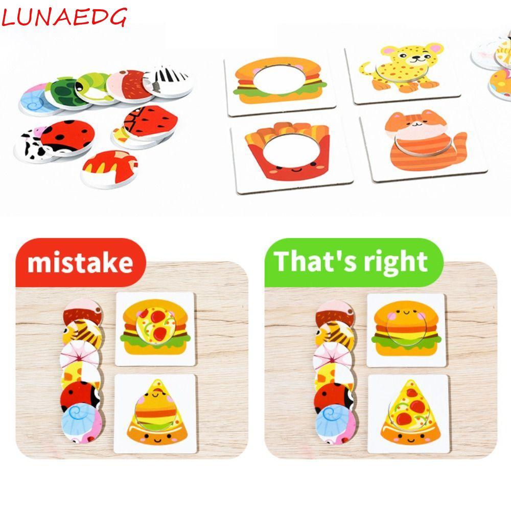 LUNAEDGE เกมกระดานปริศนา 3D, Montessori สัตว์รูปแบบเด็กไม้จับคู่ของเล่น, DIY อาหารแบบพกพา Cognitive 