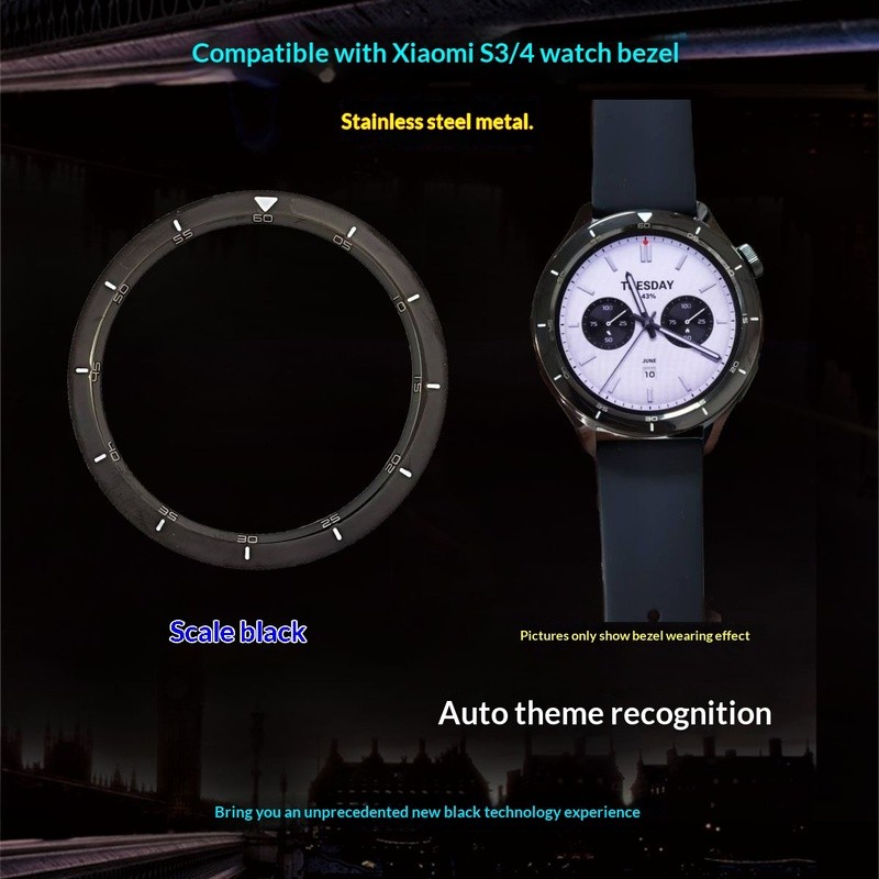 เหมาะสําหรับ Xiaomi WatchS3 Bezel โลหะสแตนเลส Scale สีดํา S4 Bezel ธีมระบุอิสระ
