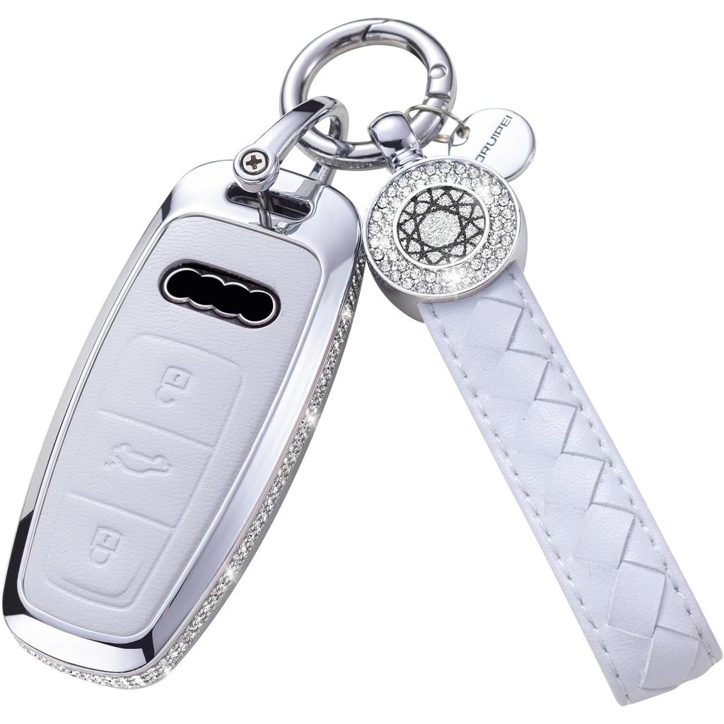 สําหรับ Audi Key Fob พร้อมพวงกุญแจ,หนังแท้คริสตัลป้องกันกรณีเชลล์เข้ากันได้กับ A6L A6 A7 A8 Q7 Q8 E-