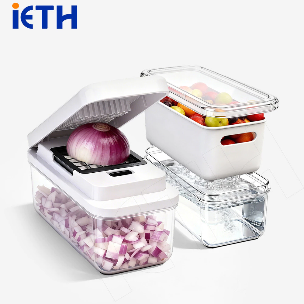 iETH 13-in-1 สับผัก Dicer - เครื่องเตรียมอาหารมัลติฟังก์ชั่นในครัวพร้อมที่ใส่นิรภัย, ตะกร้าท่อระบายน้ําและฝาครอบสด, ตัวประหยัดอวกาศสําหรับห้องครัวไทยขนาดเล็ก