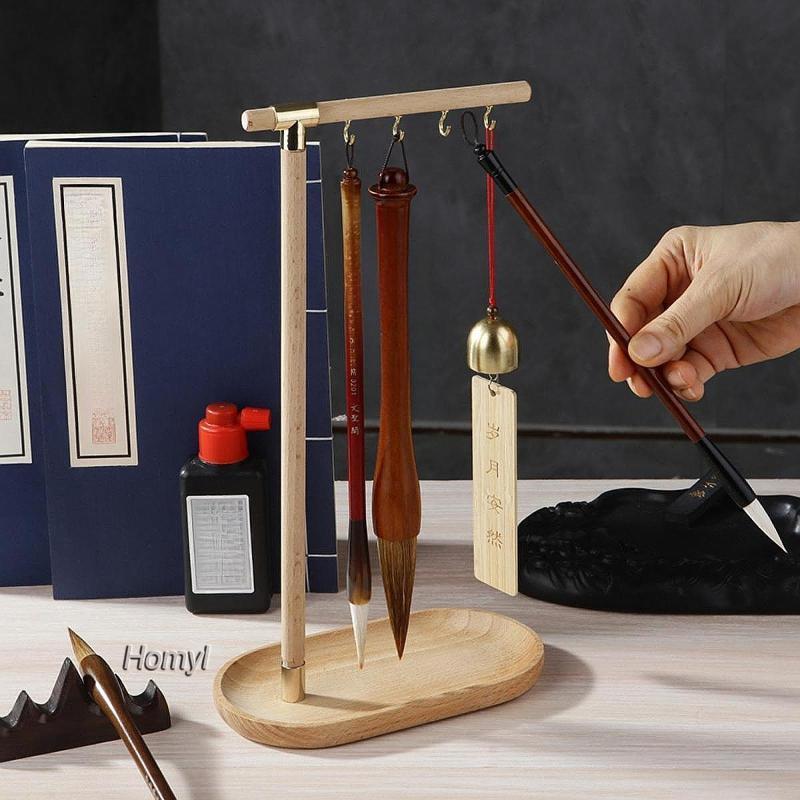 [Homyl] Calligrapghy Brush Hanger Wind Chime Stand Painting Wooden Decor Brush Stand