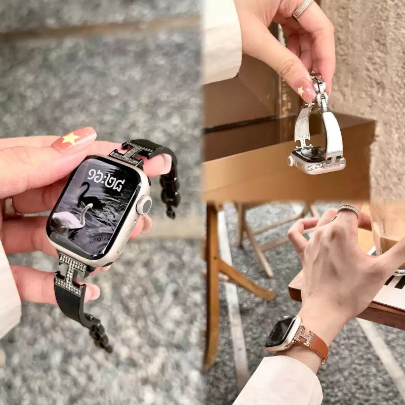 H-รูปเพชรโลหะสําหรับApple Watch Ultra2 3 S11 10 9 8 7 6 SE 5 4 3 2 1,LuxuryสแตนเลสSmart Watchสําหรับ