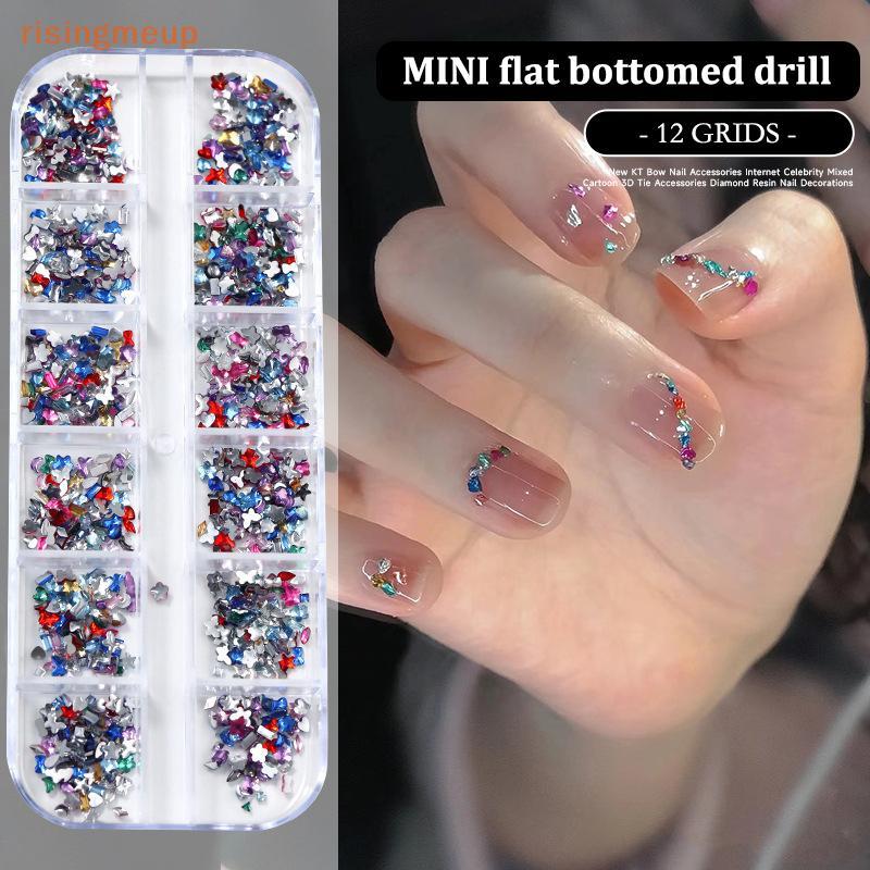 [risingmeup] 12 กริด/กล่องเล็บ Multi Shape แบนกลับคริสตัล Rhinestone พราว Diamonds Strass เล็บเคล็ดลับ 3d ตกแต่งใหม่