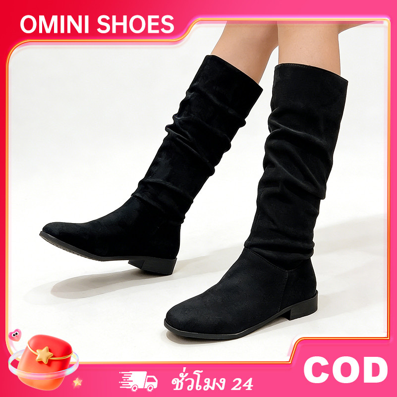 รองเท้าบูทหัวกลมส้นแบนเกาหลีรองเท้าบูทยาวเหนือเข่าพื้นนุ่มสำหรับผู้หญิง