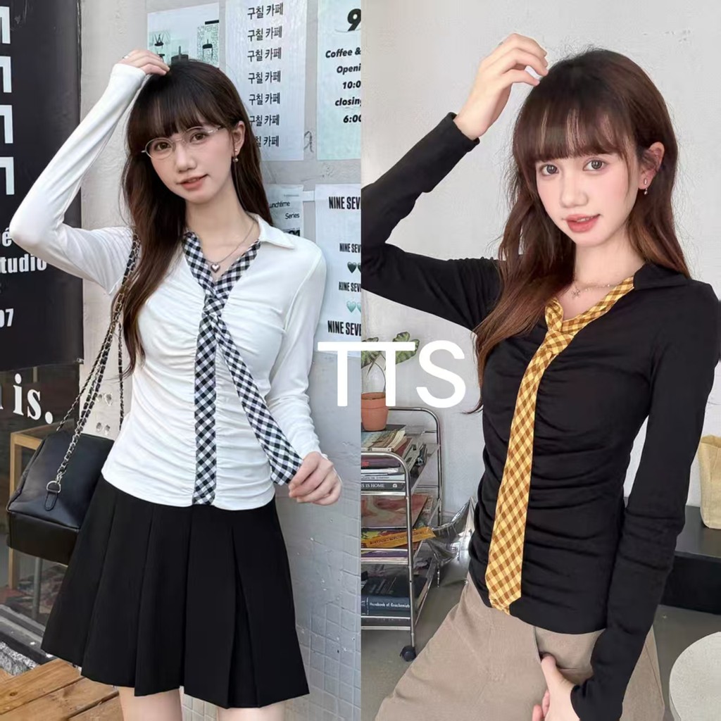 TTS🔥 เสื้อยืดคอโปโลสีดำลายตารางสไตล์อเมริกันสำหรับผู้หญิง ทรงเข้ารูปฤดูใบไม้ร่วง คอวีสั้น แขนยาวด้าน