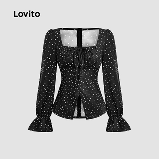Lovito เสื้อเบลาส์แคชชวลผูกเชือกสีดำ ฤดูใบไม้ร่วง/ฤดูหนาว งานศพ สำหรับผู้หญิง เกาหลี อินเทรนด์ L159AD021
