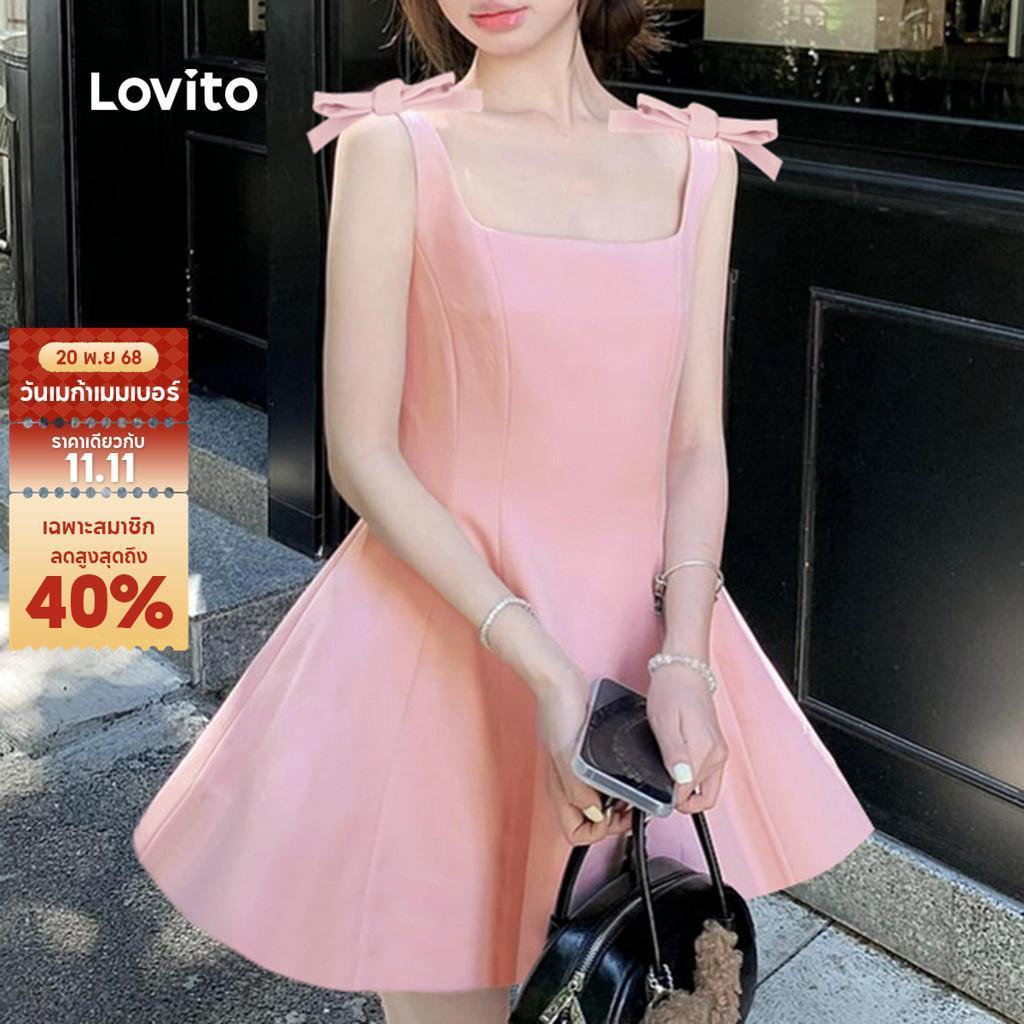 Lovito ชุดเดรสสำหรับผู้หญิงแบบ ลำลอง ใบโบว์เนื้อผ้าดี เนื้อผ้าสวยเหมาะสำหรับฤดูใบไม้ผลิ/ฤดูร้อน สีชมพู L139AD146