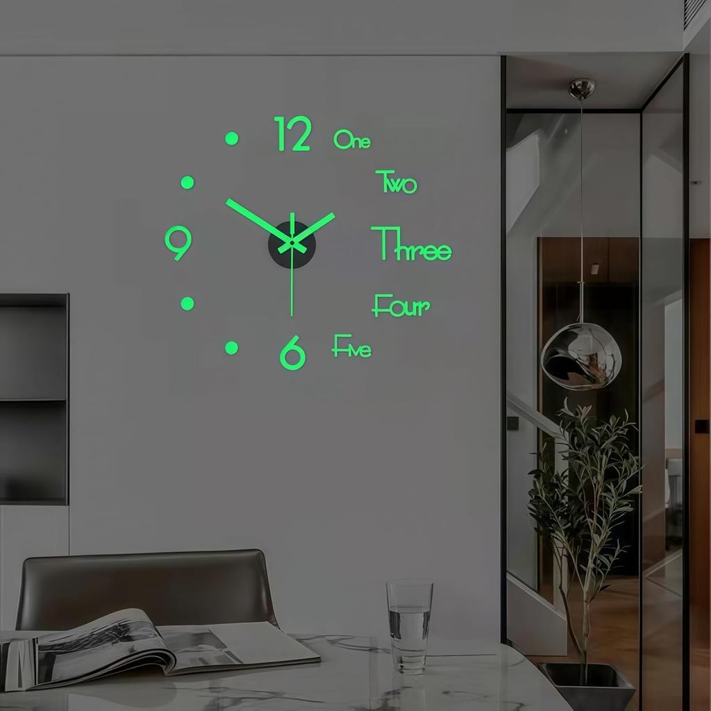 3D DIY Wall Clock, LuminousFramelessSilent Living Room Dining Room Simple 3D Wall Sticker Wall Clock