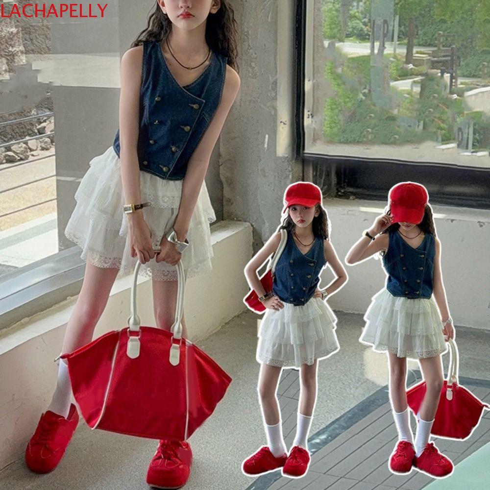 LACHAPELLY Girls Sweet Clothes Set, Lace Loose Vest Cake Skirt Set, Korean Style Clothing Cowboy Ves