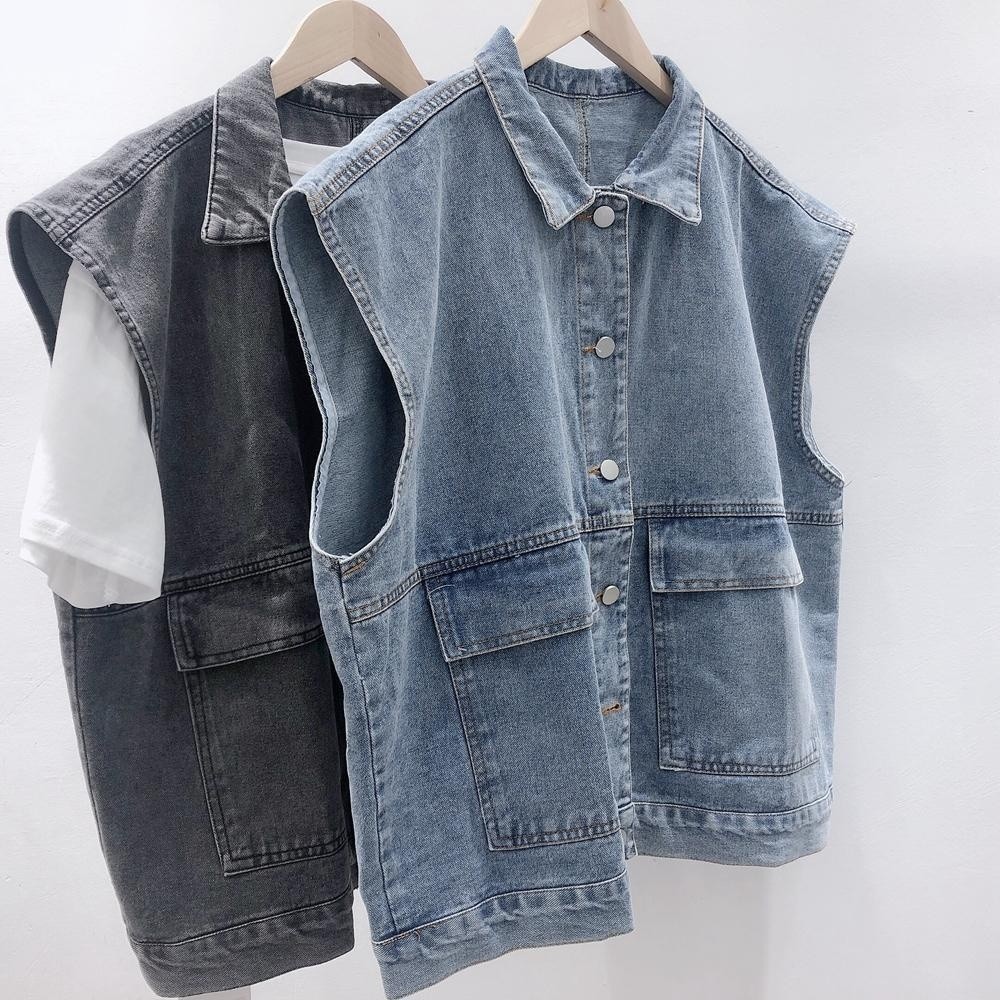 Retro Japanese Style Loose Denim Jacket Sleeveless Unisex Couple Outfit