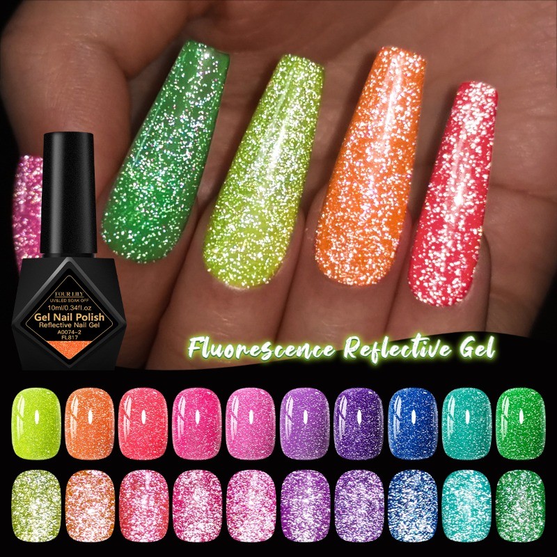 FOUR LILY Gel 10 สีเรืองแสง Reelective Gel Nail Art Uv Gel กึ่งถาวร Soak Off10ml