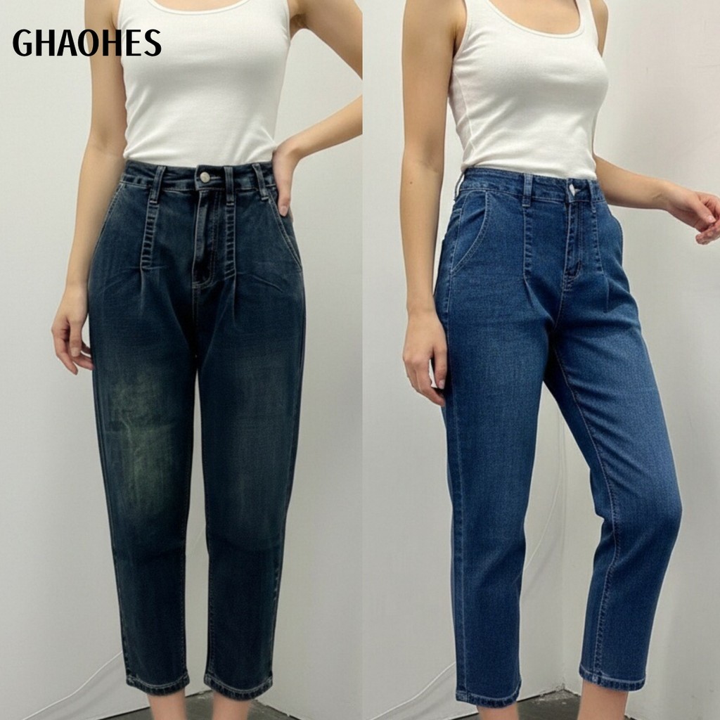 GHAOHES กางเกงยีนส์ฮาเร็มยืดหยุ่น เอวสูง สีน้ำเงินวินเทจ เหมาะสำหรับผู้หญิงที่มีสะโพกใหญ่ #V137