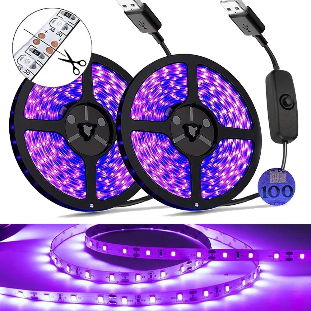 UV LED Strip Light 5V UVA Light 395-405nm SMD2835 รังสีอัลตราไวโอเลต LED ไดโอดริบบิ้นเทปสีม่วงโคมไฟ USB พร้อมสวิตช์ 60LEDs/m IP20