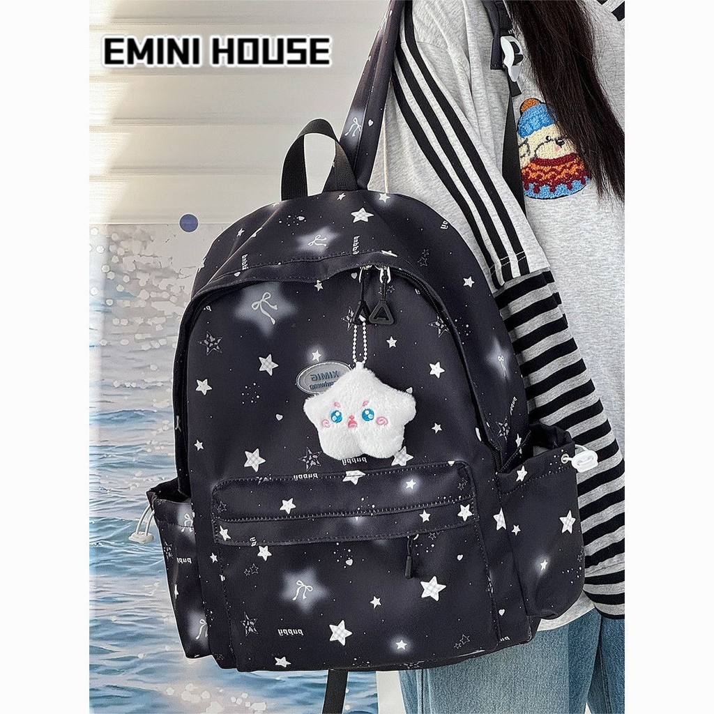 EMINI HOUSE กระเป๋าเป้พิมพ์ลายดาวสไตล์ใหม่ สำหรับนักเรียนมัธยมต้น ขนาดใหญ่